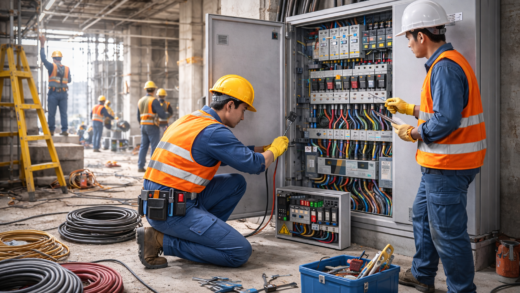 "Ilustrasi teknisi listrik yang sedang menginstal panel listrik tegangan rendah di lokasi konstruksi. Seorang teknisi sedang mengencangkan sambungan dengan obeng, sementara rekan lainnya memeriksa panel dengan clipboard. Di latar belakang, pekerja lain terlihat sedang bekerja, dengan kabel-kabel besar dan alat-alat tersebar di sekitar area konstruksi yang sedang berlangsung."
