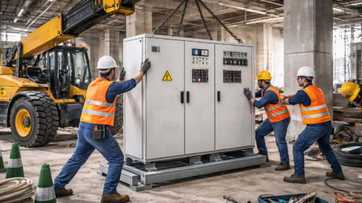 "Pekerja konstruksi sedang memasang panel listrik tegangan rendah (LVMDP) dengan bantuan forklift di lokasi proyek, di tengah suasana konstruksi yang sibuk."